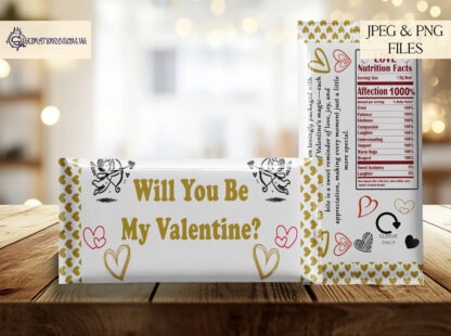 Valentine’s Day Chocolate Bar Wrapper Design Set featuring 6 designs in 2 colour options with textless, “Happy Valentine’s Day,” and “Will You Be My Valentine?” wording.