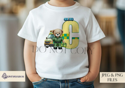 Paramedic Teddy Bear Alphabet Design Set featuring ambulance-themed letters with a paramedic teddy bear and ambulance illustration.