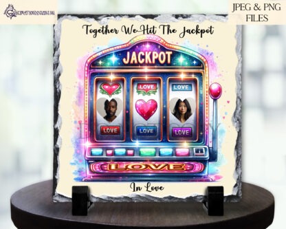 Jackpot in Love Design Set featuring two slot machine-themed designs: one vibrant textless design and one with a customisable photo slot.