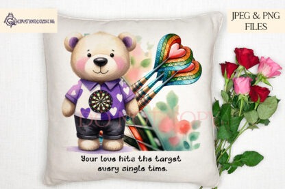 Love for Darts Teddy Bear Design Set featuring a teddy bear dart player with love-themed quotes and a textless version.