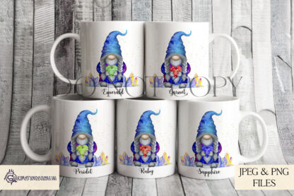 Gonk Gnomes Birthstone Gemstone Design Set featuring gonk gnomes holding heart-shaped gemstones in birth month colours with textless and worded options.