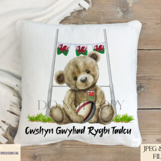 Seated Teddy Bear 6 Nations Rugby Design – Wales Edition featuring a teddy bear holding a rugby ball under rugby posts with Welsh flag bunting and an optional Welsh flag hair bow.