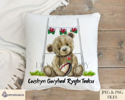 Seated Teddy Bear 6 Nations Rugby Design – Wales Edition featuring a teddy bear holding a rugby ball under rugby posts with Welsh flag bunting and an optional Welsh flag hair bow.