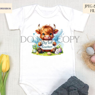 Easter Cute Highland Cow Design Set featuring a Highland cow holding a wooden sign with Easter greetings in pink and blue colour themes.