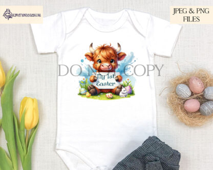 Easter Cute Highland Cow Design Set featuring a Highland cow holding a wooden sign with Easter greetings in pink and blue colour themes.