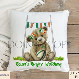 Seated Teddy Bear 6 Nations Rugby Design – Republic of Ireland Edition featuring a teddy bear holding a rugby ball under rugby posts with Republic of Ireland flag bunting and an optional flag hair bow.