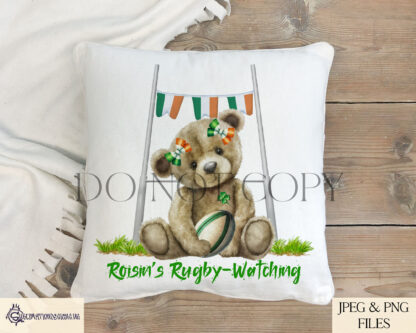 Seated Teddy Bear 6 Nations Rugby Design – Republic of Ireland Edition featuring a teddy bear holding a rugby ball under rugby posts with Republic of Ireland flag bunting and an optional flag hair bow.