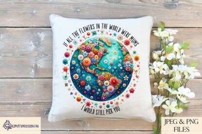 Mother's Love: Floral Earth Collection featuring watercolour planet Earth with continents blooming in flowers, including worded and textless options.