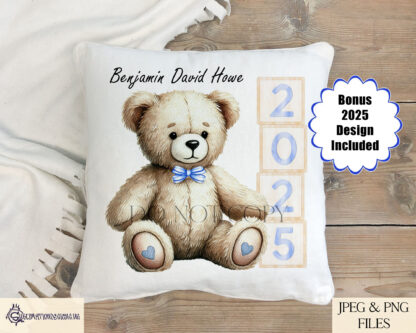 Baby Boy Teddy Bear Design featuring a seated teddy bear next to wooden blocks spelling "Baby" and "2025," with and without a bow tie.