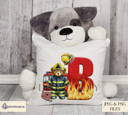 Firefighter Teddy Bear Alphabet Design Set featuring 26 A-Z letters with flame designs, a fire engine, firefighter bear, and hose. Perfect for kids’ apparel and gifts.