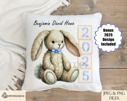 Baby Boy Bunny Design featuring a seated bunny next to wooden blocks spelling "Baby" and "2025," with and without a bow tie.