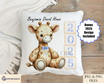 Baby Boy Giraffe Design featuring a seated giraffe next to wooden blocks spelling "Baby" and "2025," with and without a bow tie.