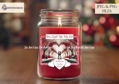 Valentine & Love Candle Label Designs featuring red, neutral, and blue frames with photo space and romantic wording options for glass jar candles.