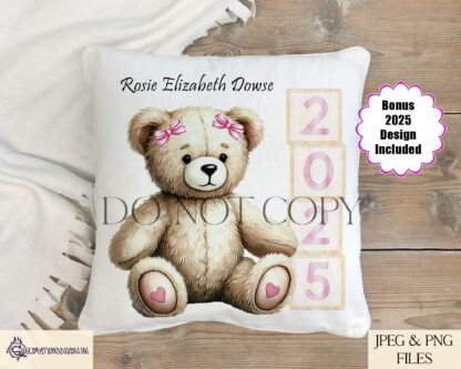 Baby Girl Teddy Bear Design featuring a seated teddy bear next to pink-themed wooden blocks spelling "Baby" and "2025," with and without a bow.