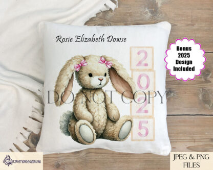 Baby Girl Bunny Design featuring a seated bunny next to pink-themed wooden blocks spelling "Baby" and "2025," with and without a bow.