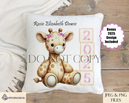 Baby Girl Giraffe Design featuring a seated giraffe next to pink-themed wooden blocks spelling "Baby" and "2025," with and without a bow.