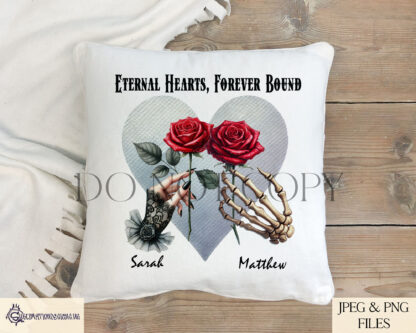 Gothic Love Never Dies Design featuring a hand with black lace holding a blood-red rose and a skeleton hand, with textless and romantic gothic wording options.