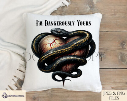 Gothic Love Venomous Valentine Design featuring a black and gold snake coiled around a heart with textless and romantic gothic wordings like "Venomous Valentine."