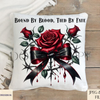 Gothic Love Bounded by Blood Design featuring a gothic rose wrapped in black ribbon with blood drips and romantic gothic wordings.