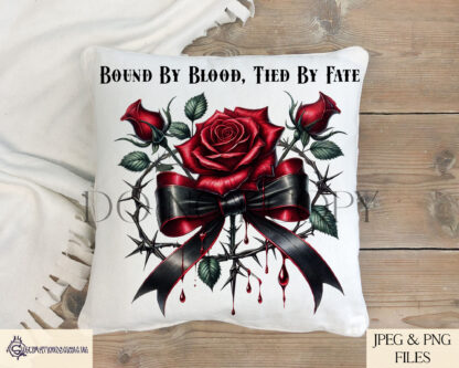 Gothic Love Bounded by Blood Design featuring a gothic rose wrapped in black ribbon with blood drips and romantic gothic wordings.