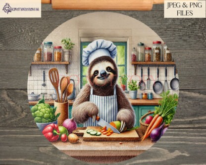 Sloth Kitchen Chef Comedy Designs Set featuring male and female sloth chefs, perfect for chopping boards and wall art.