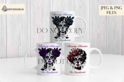 Elegant Floral Day of the Dead designs featuring female figures adorned with flowers, available in vibrant colours and with meaningful quotes.