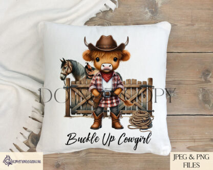 Highland Cow Cowboys and Cowgirls designs featuring ranch scenes with horses, available in textless and worded options like "Buckle Up Cowboy" and "Buckle Up Cowgirl."