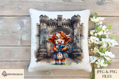 Scottish Highland cows playing bagpipes with a castle backdrop, available as JPEG and PNG designs for sublimation and crafting.