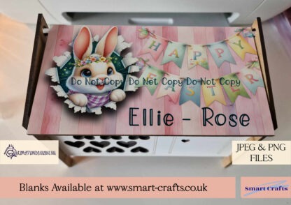 Smart Crafts Easter Rabbit Hutch Designs featuring bunnies bursting through wooden tops with "Happy Easter" banners, perfect for custom crafting.