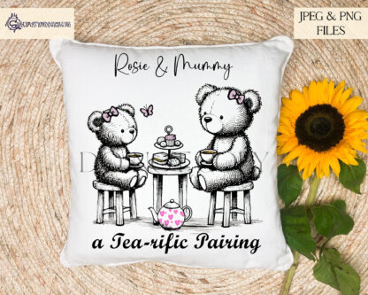 Mother and Daughter Teddy Bear Tea Design featuring a black sketch illustration with colourful accents on a teapot, cakes, and butterfly.