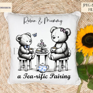 Mother and Son Teddy Bear Tea Design featuring a black sketch illustration with colourful accents on a teapot, cakes, and butterfly.