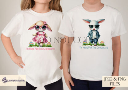 Sassy Easter Bunny Design Set featuring boy and girl bunnies in sunglasses with playful Easter-themed designs.