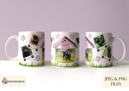 Dog Photo Kennel Mug Wrap Design Set featuring a kennel with customisable name and photo spaces, available in five colours for sublimation projects.