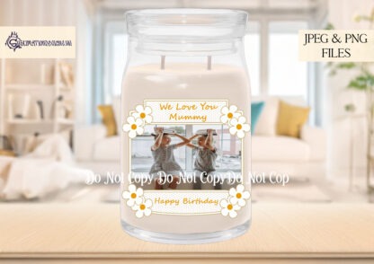 Floral Frame Candle Labels Design Set with customisable text and image space, ideal for Mother’s Day and birthday gifts.