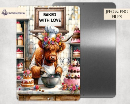 Highland Cow Baking Comedy Kitchen Design Set featuring male and female Highland Cows baking in portrait and landscape formats.