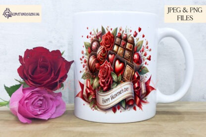 Chocolate & Roses Valentine’s Design Set featuring a mug wrap and 3 sublimation tin designs with romantic themes.