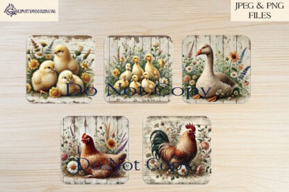 Vintage farmyard animal design set featuring 25 rustic animal illustrations, perfect for sublimation on keyrings, coasters, and small craft projects.