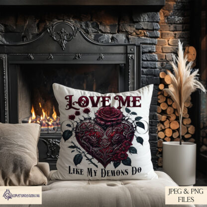 Love Me Like My Demons Do design featuring a gothic love heart with demons, wrapped in thorns and roses, perfect for sublimation on T-shirts, keyrings, and cushions.