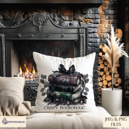 Gothic Bookaholic Design Set featuring a stack of gothic books wrapped in eerie ribbons and leaves, perfect for sublimation on bookmarks, tote bags, and mugs.