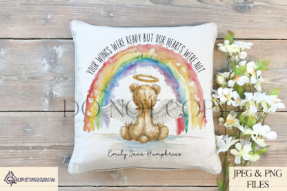 Teddy Bear Rainbow Infant Loss Awareness Design with celestial rainbow and angelic teddy bear. Available in textless and wording options.