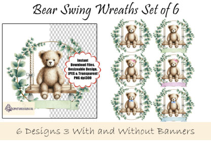 Teddy Bear Swing Wreath Design Set featuring a teddy bear on a swing inside a eucalyptus wreath in green, blue, and pink colour variations.