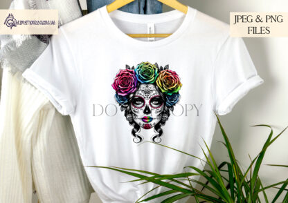 Elegant Floral Day of the Dead designs featuring female figures adorned with flowers, available in vibrant colours and with meaningful quotes.