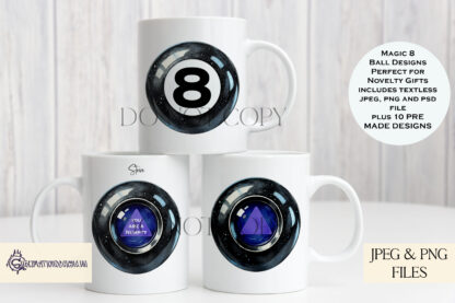 Comedy Magic 8 Ball Designs Set featuring 8 ball and triangle insert with textless and pre-made designs. Perfect for quirky personalised products.