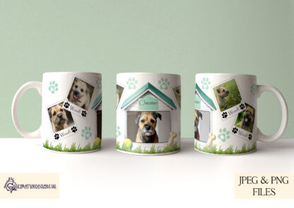 Dog Photo Kennel Mug Wrap Design Set featuring a kennel with customisable name and photo spaces, available in five colours for sublimation projects.