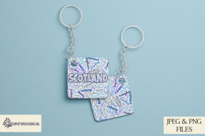 Scottish Insult Word Art Design Set with mug wraps and coasters featuring Scottish slang like "Walloper," "Jobbie," and "Bawbag."