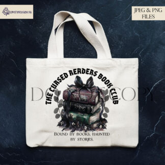 Gothic Bookaholic Design Set featuring a stack of gothic books wrapped in eerie ribbons and leaves, perfect for sublimation on bookmarks, tote bags, and mugs.