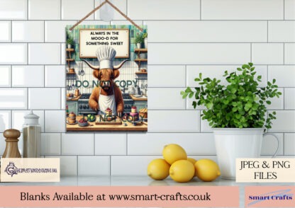 Highland Cow Baking Comedy Kitchen Design Set featuring male and female Highland Cows baking in portrait and landscape formats.