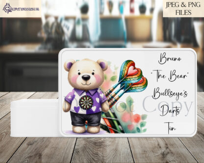 Love for Darts Teddy Bear Design Set featuring a teddy bear dart player with love-themed quotes and a textless version.