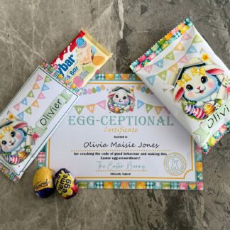 Easter Bunny Bundle featuring certificates, chocolate bar wrappers, and crisp packet wrappers with customisable options