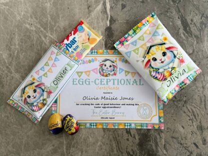 Easter Bunny Bundle featuring certificates, chocolate bar wrappers, and crisp packet wrappers with customisable options